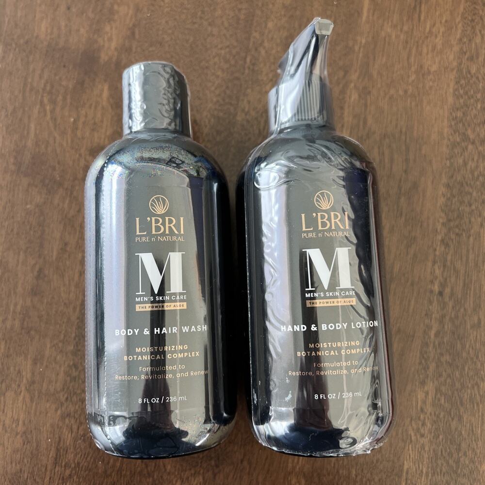 L'BRI 2 Pack Mens Skin Care Body & Hair Wash, Hand & Body Lotion Botanical NEW